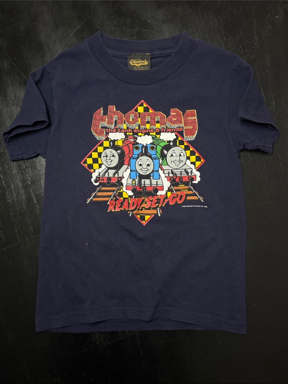 Vintage 1996 Thomas & Friends Navy Graphic Tee with Colorful Train Characters